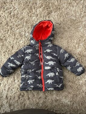 wonder nation Navy Dinosaur Puffer Jacket with orange Lining